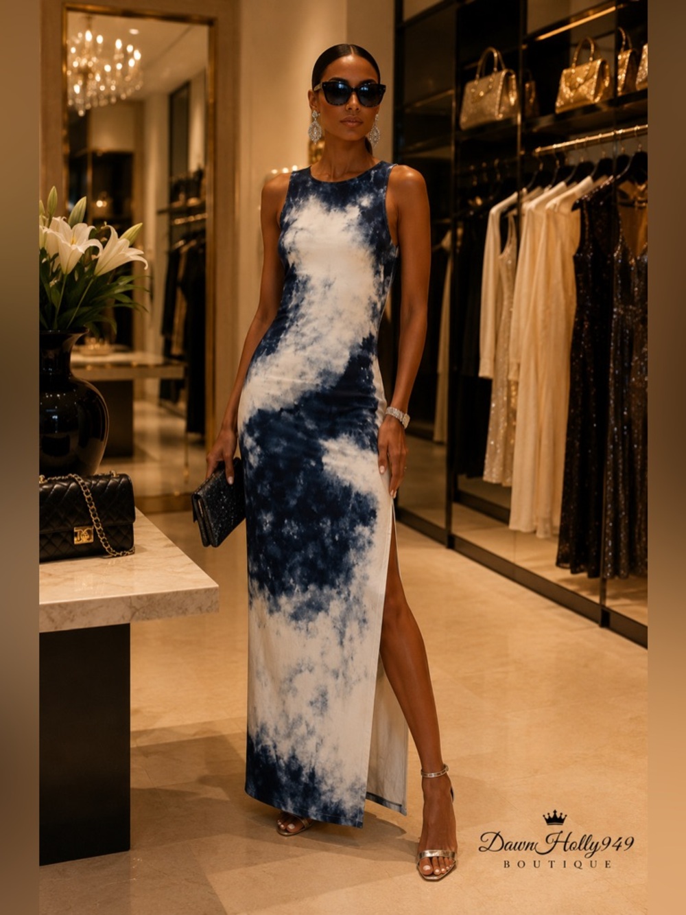 Polo by Ralph Lauren Navy & White Tie-Dye Sleeveless Maxi Dress